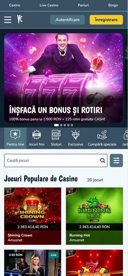 Vlad Cazino mobile lobby with bonus carousel and game categories