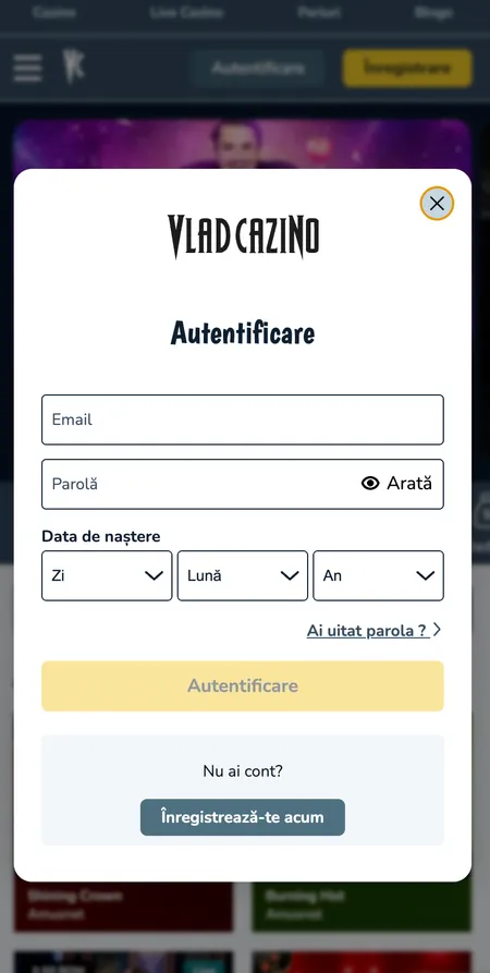 Vlad Cazino login modal with email password and date of birth fields