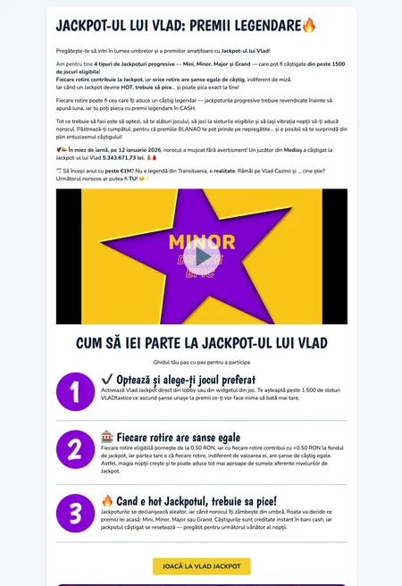 Vlad Casino jackpot promotion with Mini, Minor, Major and Grand levels