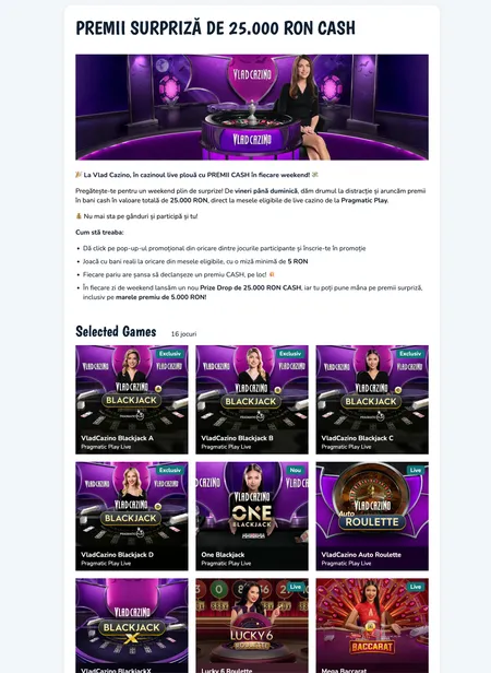 Live casino weekend cash promotion with 25000 RON prize pool
