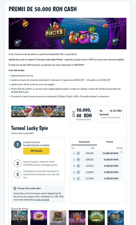 Lucky Spin Pirots tournament at Vlad Casino with 50000 RON prize pool